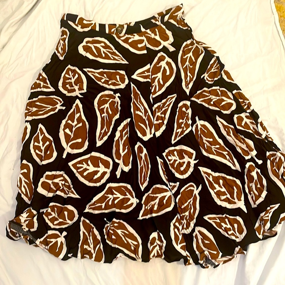 Who What Where brown black leaf patterned fit and flare flared wrap skirt.